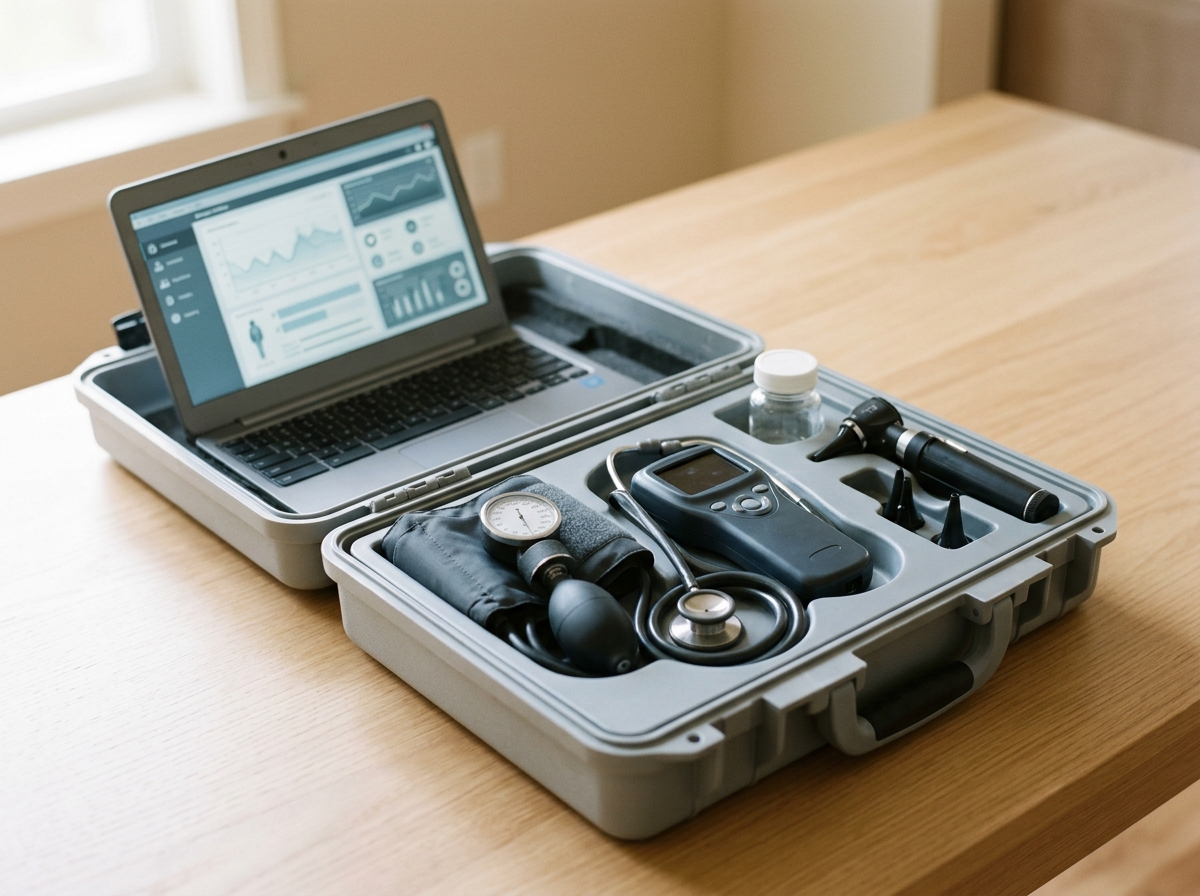 A portable DOT exam kit — blood pressure cuff, vision screener, and laptop — laid out in a case.