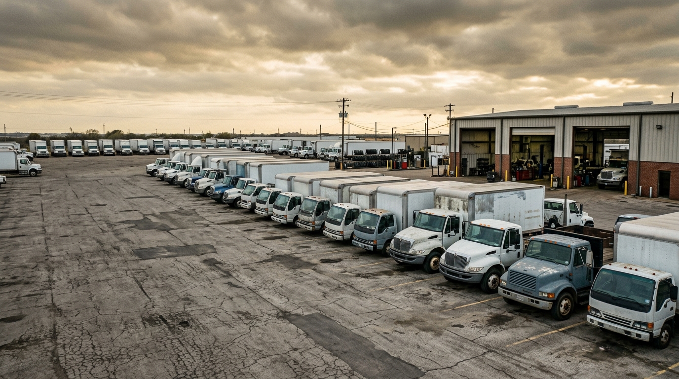 A commercial fleet yard with trucks staged for the workday on the High Plains.